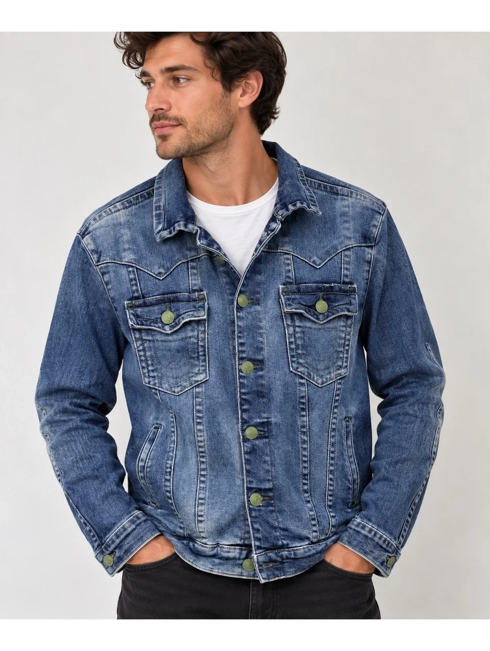True Religion World Tour Denim Trucker Jacket Men’s L Green Hardware
